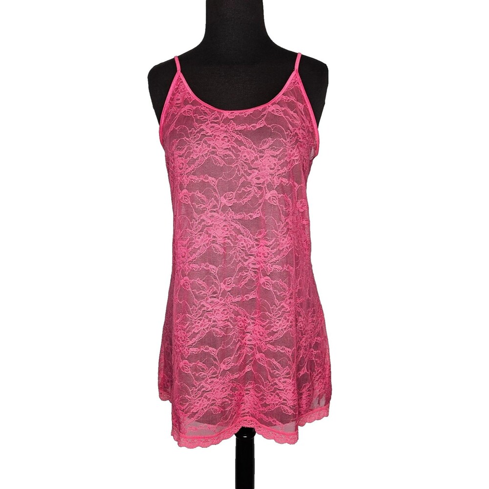 Vtg VICTORIAS SECRET Sheer Lace Mini Slip Chemise Large Pink Y2K 90s Nightie